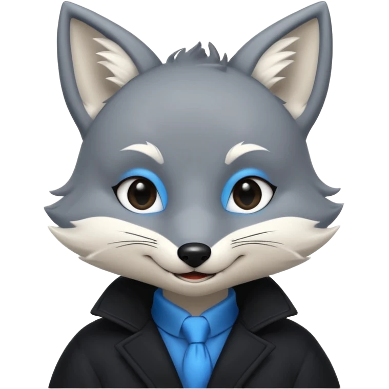 Grey anthropomorphic furry fox with a black coat, blue eyes, and a small fringe of black hair in head, smiling emoji