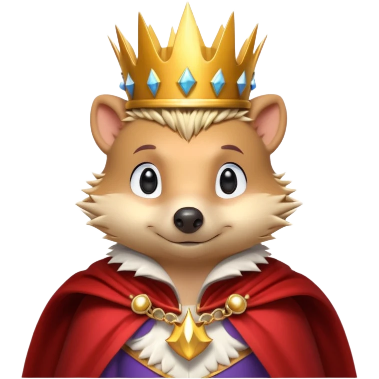 king hedgehog portrait, head and shoulders only, wearing a small golden crown, royal cape collar, proud confident expression, cute spiky fur details, fantasy royal vibe, 3D cartoon, mobile game icon style, clean background, no text, no watermark
 emoji