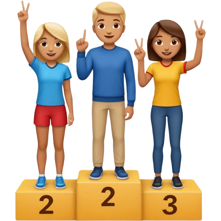 three casually dressed people on a winners podium labeled 2, 1, 3 from left to right, each on their step, center person on 1 holding up one finger on each hand, fun expressive cheerful emoji style emoji