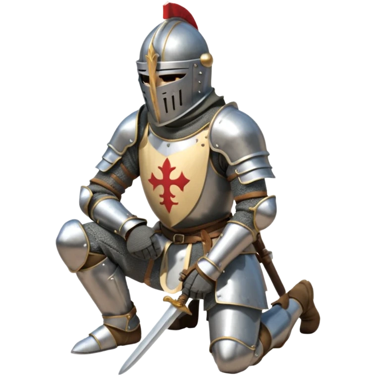 A lone medieval knight in plate, worn armor kneels. His helmet is closed, hiding his face, conveying silence, exhaustion and contemplation. A long sword is planted in the ground beside him, its hilt resting near his gloved hands as if he is praying or resting after battle. emoji