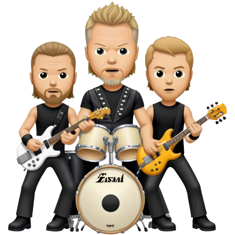 Metallica band/ Photorealistic James Hetfield, Kirk Hammet, Lars Ulrich, Rob Trujilho with instruments on stage emoji
