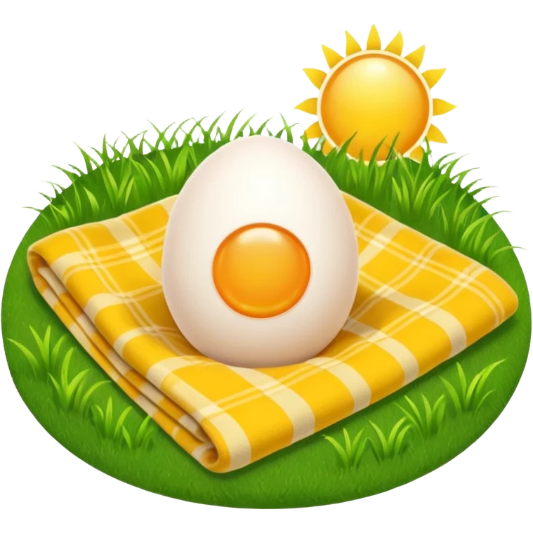 An egg on a blanket in the grass with the sun in the sky emoji
