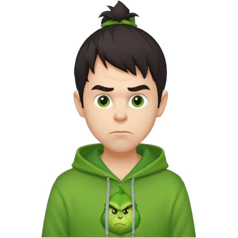 Create an avatar of white European with dark hair  male in hoodie with ``BST`` letters on it. Make background to look like from movie Grinch. make him look to left side emoji