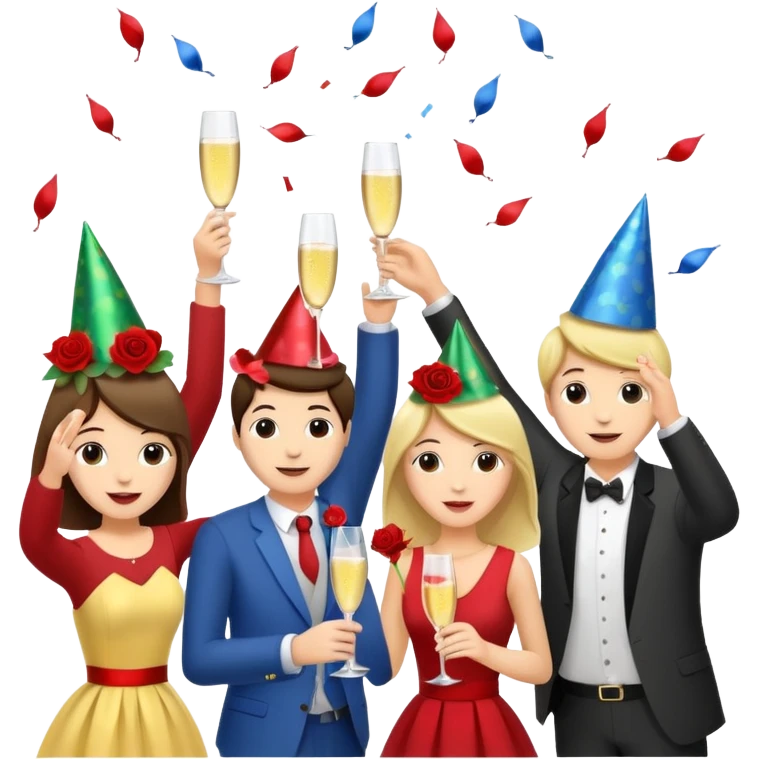 Group of party animals, having fun, with cocktails,  throwing roses congratulations  emoji