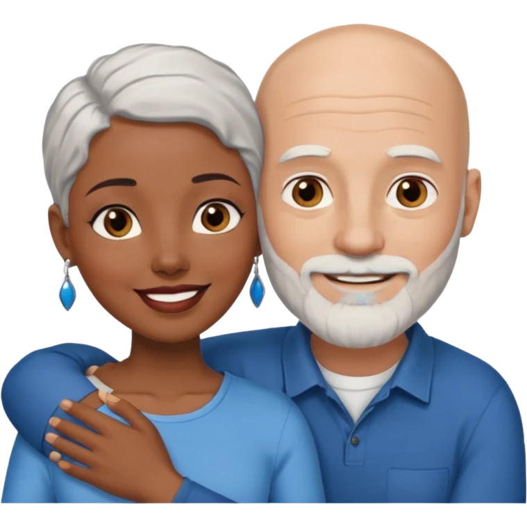 Talk bald white man with a white beard and blue eyes lovingly holding a black woman with brown eyes and grey hair emoji