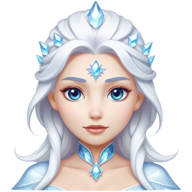 Cinematic Majestic Snow Queen Portrait Emoji, rendered in a clean, vector-style with bold, simplified shapes. Show Elsa with a serene, noble expression, luminous icy skin and gracefully styled platinum hair adorned with subtle crystalline accents, her attire minimal yet majestic. The design radiates a cool, crystalline glow with high shine and a soft glowing outline, embodying timeless, frosty elegance. emoji