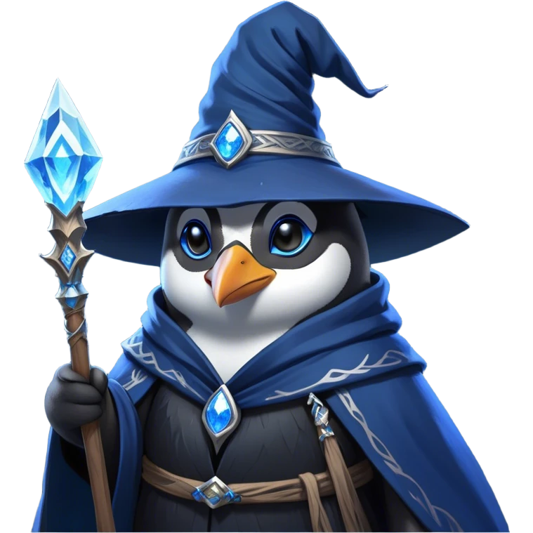 A mysterious penguin mage with sleek midnight-blue feathers, wearing a flowing black robe adorned with silver runes. A tall, pointed wizard hat sits slightly tilted on his head, the brim casting a shadow over his glowing icy-blue eyes. His flipper clutches an ancient wooden staff topped with a swirling crystal, radiating a soft, cold light. Snowflakes drift around him as he stands on a frozen cliff, his aura crackling with arcane energy, ready to summon a blizzard with a flick of his staff. emoji