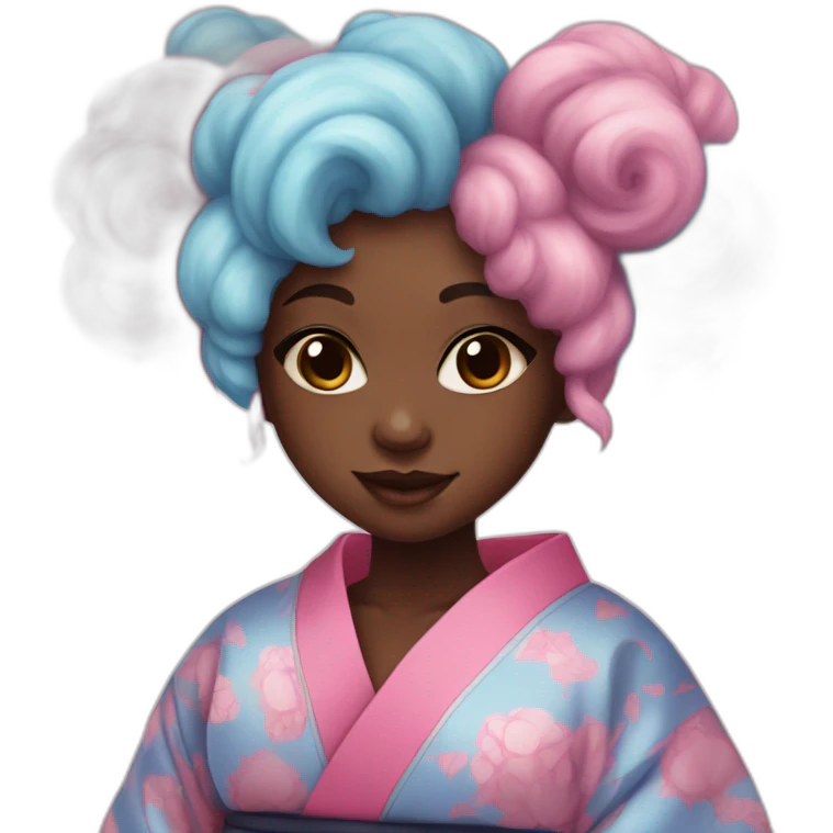 Cute darkskin girl in a kimono with cotton Candy colored hair emoji