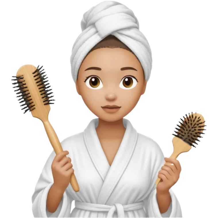 lightskin Women wearing shower robe and their hair with towel holding a brush emoji