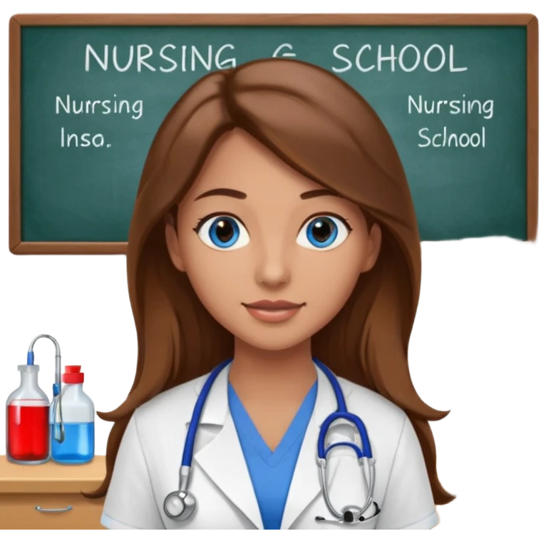 inside a classroom at university that says nursing school on the board with a pretty female nursing student with long brown hair, blue eyes emoji