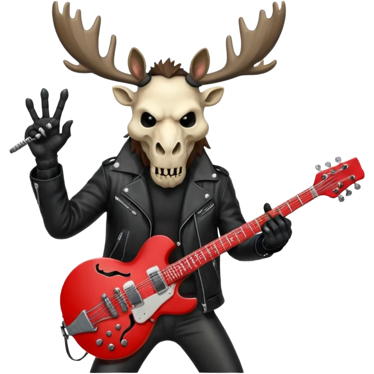 A evil moose headed man with a red electric guitar. The guitar should be pointing directly in the air. And the moose man should look evil and intimidating. match the style of your bleeding skull art , it needs to be much "less cartoonist looking". emoji