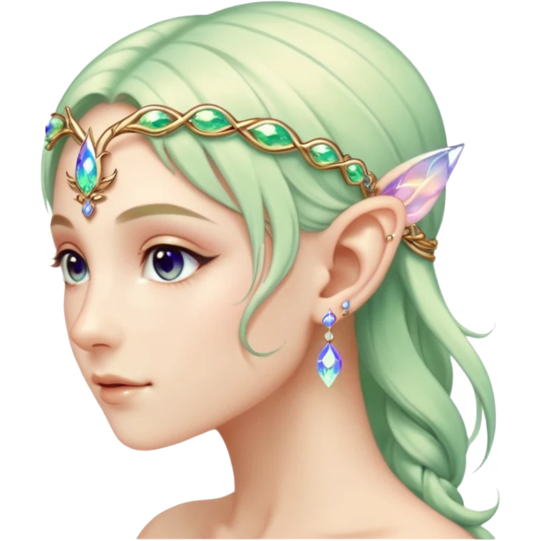 portrait of Elvish fae shiny sparkly iridescent translucent diaphanous ear climber ear cuff emoji