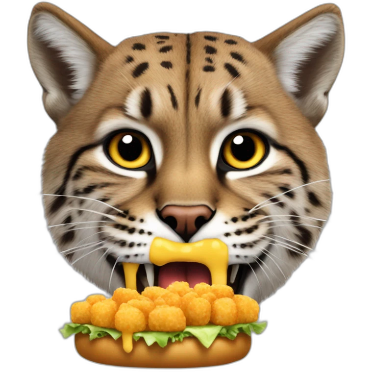 Bobcat eating a cheeseburger with a side of tater tots emoji