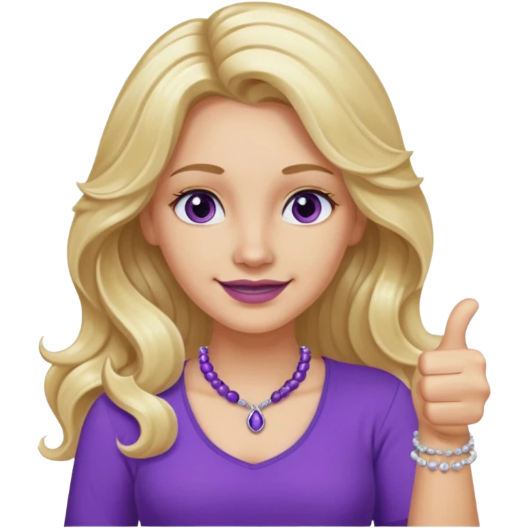 lady with long wavy blonde hair, purple top, коричневыми eyes, thumbs up, с бусами белые и серебром на шее emoji