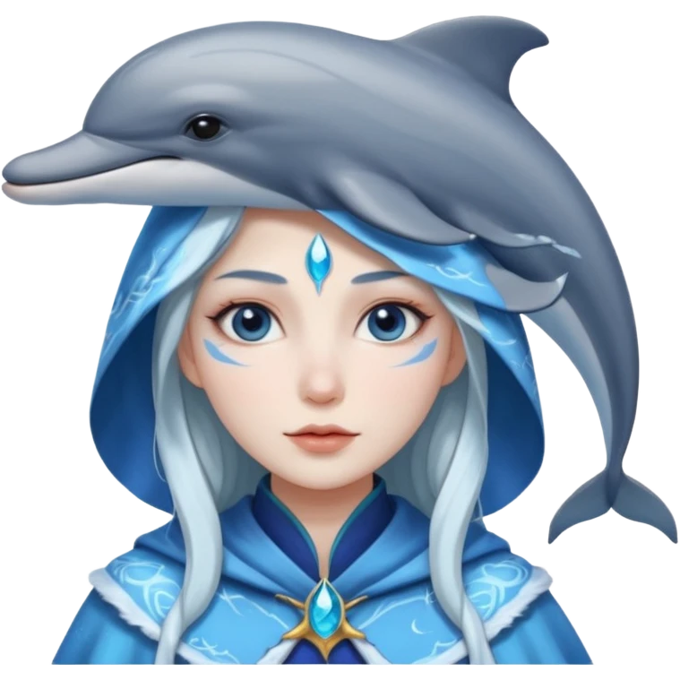 Frost wizard woman cheek painted with a dolphin below eye with Asian eyes emoji