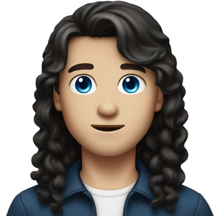 white boy with dark brown mullet and blue eyes wearing black emoji