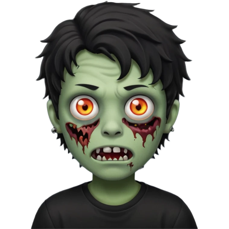 a boy with wavy hair, a zombie-shaped mouth piercing hum, and black hair with a black shirt too emoji