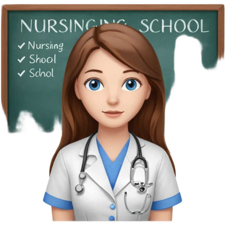 inside a classroom at university that says nursing school on the board with a pretty female nursing student with long brown hair, blue eyes emoji