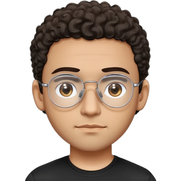 Latino man with light brown complexion, small face and prominent forehead, clear lens teardrop-shaped aviator eyeglasses with metal frame, totally shaved sides with very minimal dark curly hair only on top, gentle expression, simple black t-shirt emoji