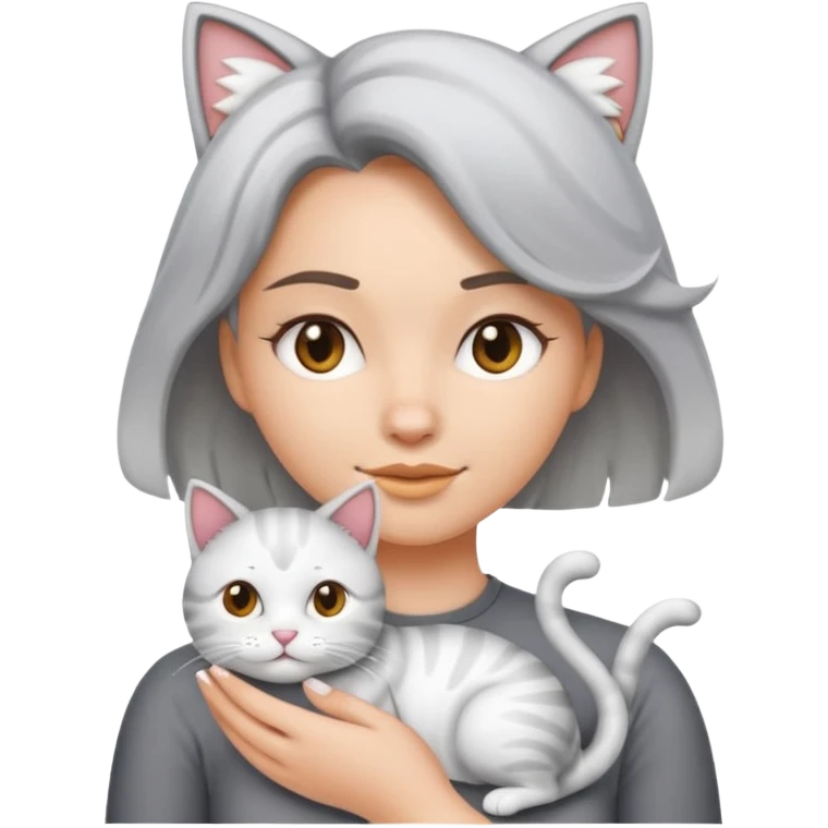 Haz una imagen estilo emoji de iPhone con una chica blanca de cabello ondulado claro tomando en brazos a su gato gris con blanco emoji