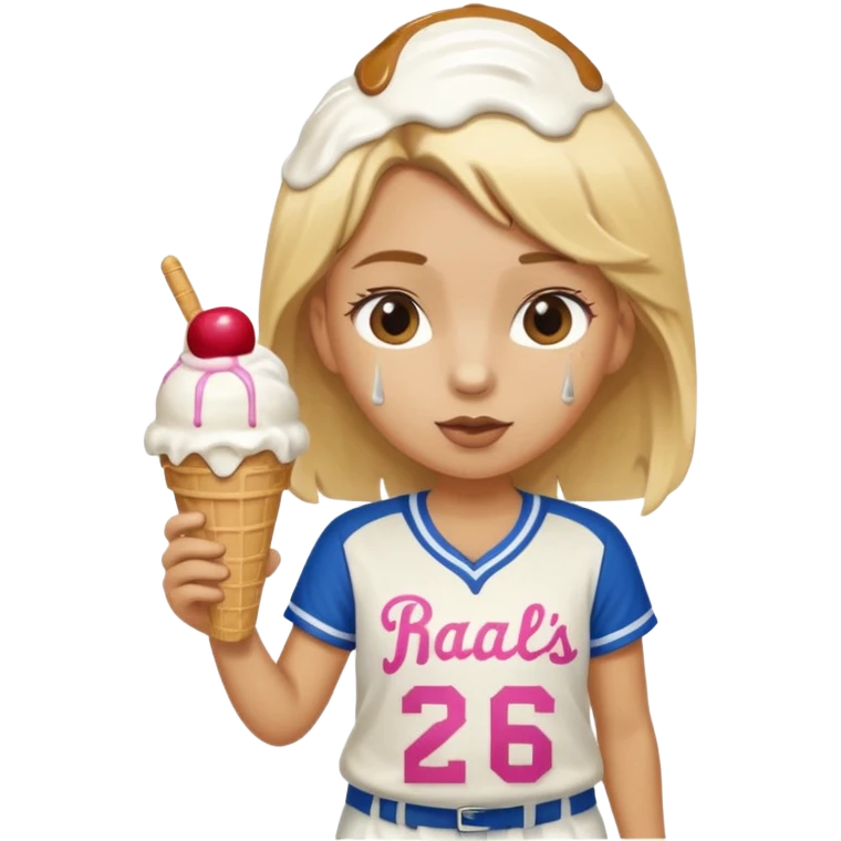 A little bit in a baseball jersey and shorts that have a ice cream drip affect and a ice cream cone affect on the whole shorts with blonde hair that swoops up emoji