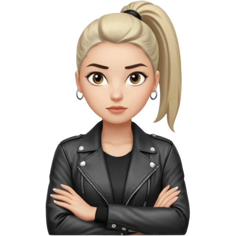 สีตาสีเทาอ่อน มีประกายคม
คิ้วได้รูป มองแล้วดูสตรอง
ผมหางม้าสูง
ลุคสตรีทแฟชั่น
ท่าโพสกอดอก
ฟีล: Girl Boss, cool beauty, minimal but powerful emoji