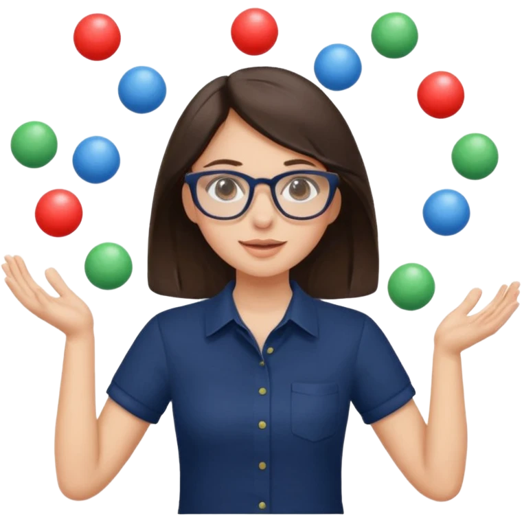 a brunette girl in a navy shirt wearing glasses is  juggling  with two hands  emoji
