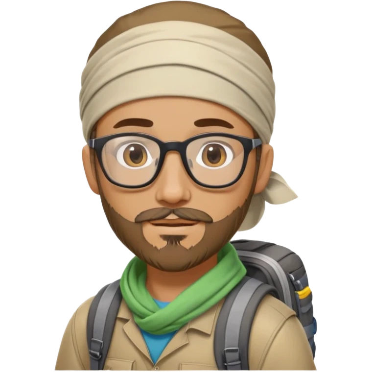 adventurer with goatee beard (no beard on cheeks), short hair, glasses, bandana on head and backpack emoji