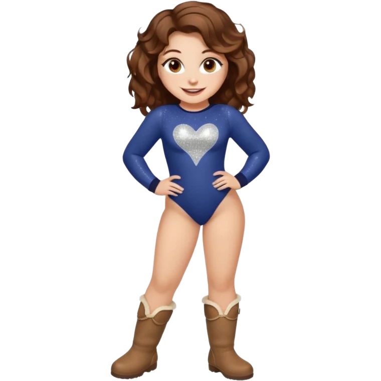 a beautiful girl with wavy volumes brown hazel hair, she has brown eyes and her face is unique, show her entire body she has big boobs and is so curvy make her wear  a body suit with uggs with a big smile and her eyes sparkly and all cute emoji