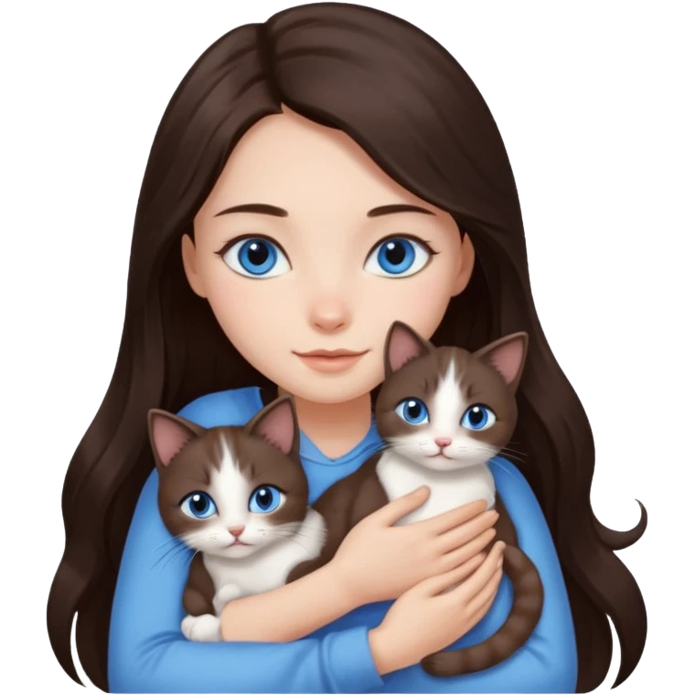 a pretty girl with long dark 
brown hair, with blue eyes, hugs 3 different natural coloured small cats emoji