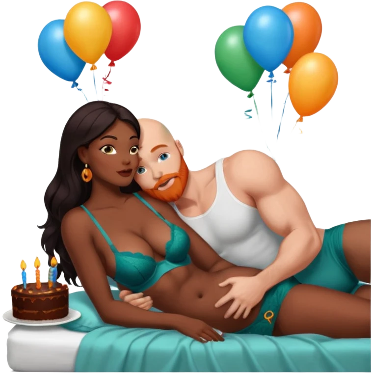Muscular Bald white male who has a orange beard & blue eyes, kissing curvy African American dark brown woman who has long brown black hair wearing dark green lingerie Laying in bed with chocolate birthday cake and balloons  emoji