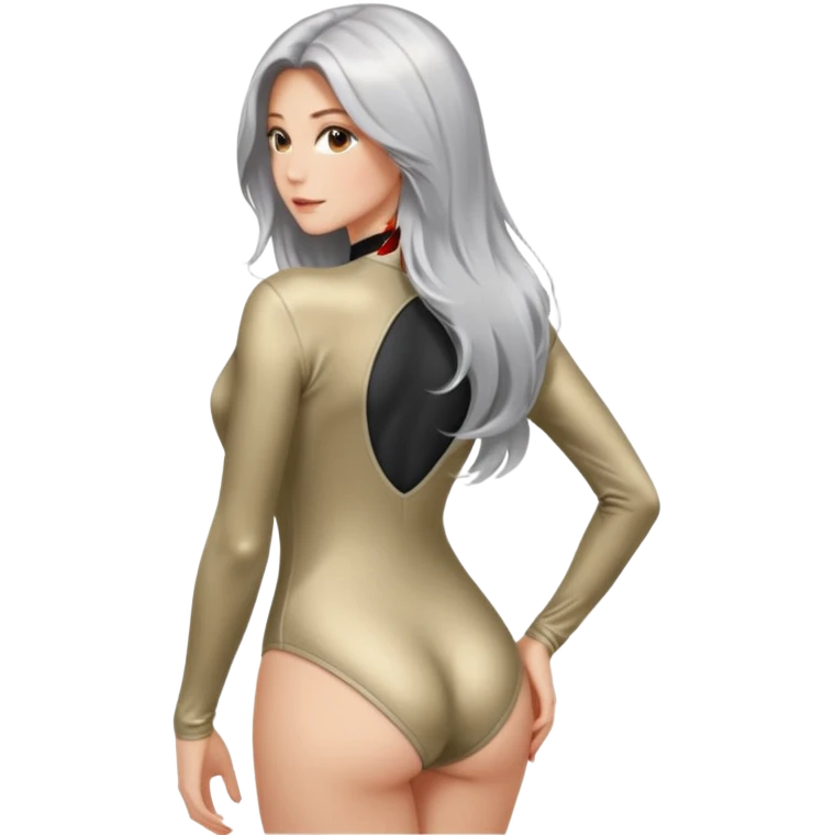 woman with light long hair in silver long-sleeve bodysuitlooking at the camera from back with sexy pose emoji