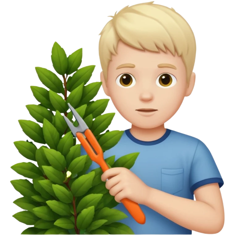 white kid trimming a decorative bush emoji