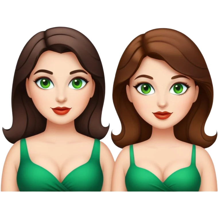 Happy curvy sisters, brunettes, green eyes, makeup, stylish emoji