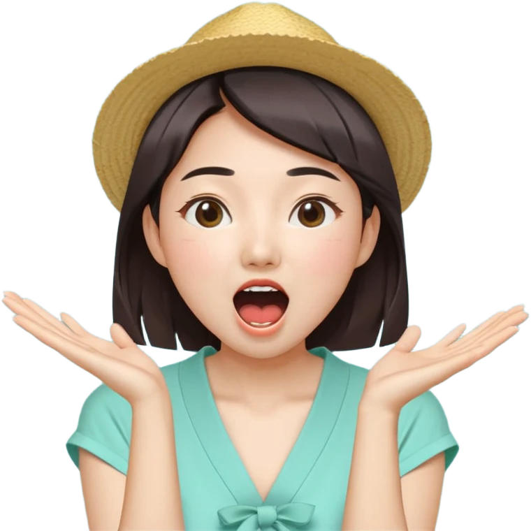 들뜬 표정의 20대 한국 여자, 여름 옷차림, 두 손으로 입을 감싸 “괌 가자~” 외치는 포즈. 민트색 배경, 밝고 유쾌한 광고 포스터 느낌, emoji