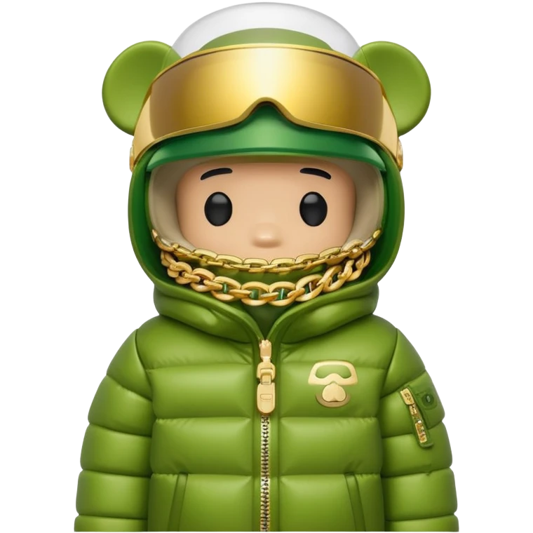 bearbrick toy with lime balaclava tagged with logos, wearing oversized monolens ski-type visor shield covering eyes as one continuous piece, puffer jacket with fur, gold chains emoji