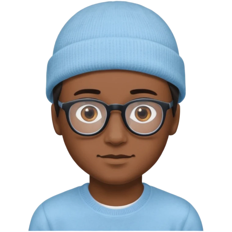 A boy or man emoji with medium-dark skin, wearing a light blue beanie and black-framed glasses, with brown eyes, dark eyebrows, a small nose, and a subtle smile on a clean-shaven face. emoji