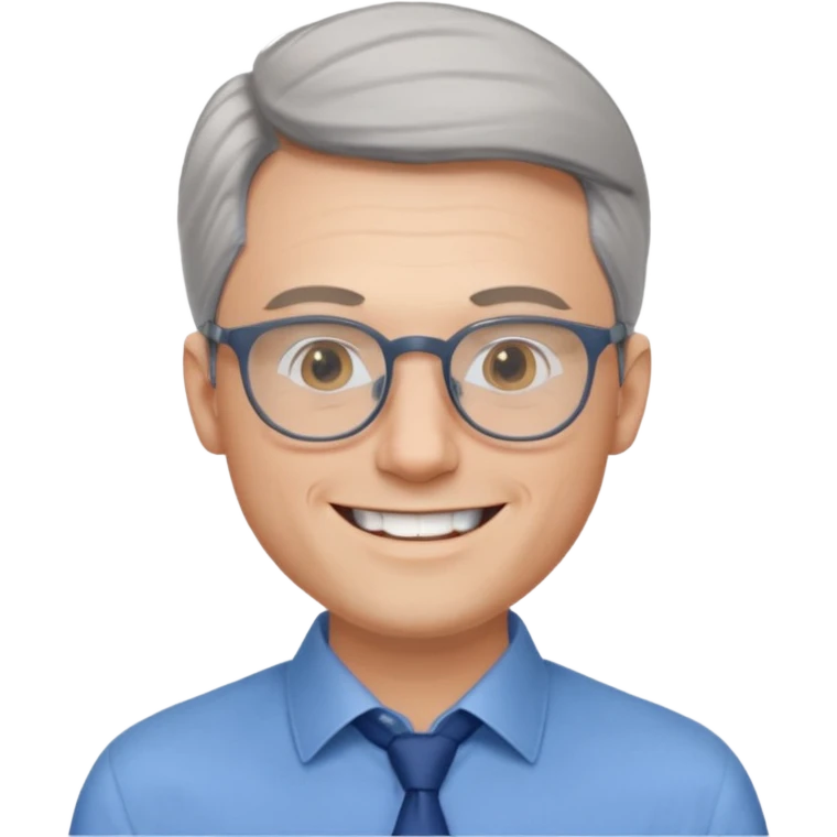 30 yr old pale white man, grey side swept hair, round glasses, big smile, white teeth, handsome, longer hair, thin glasses, blue dress shirt, no tie emoji
