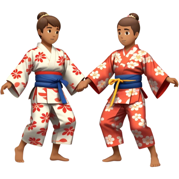 Cinematic Realistic scene of two performers engaging in Bon Odori, dressed in traditional yukata with intricate summer patterns, captured in graceful, rhythmic motion with warm, festive lighting emoji