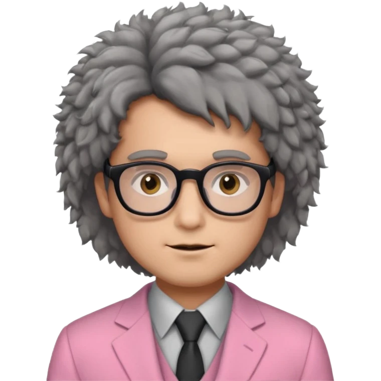 a man with fluffy hair, a small face, brown eyes, black glasses, wearing a pink and grey suit  emoji