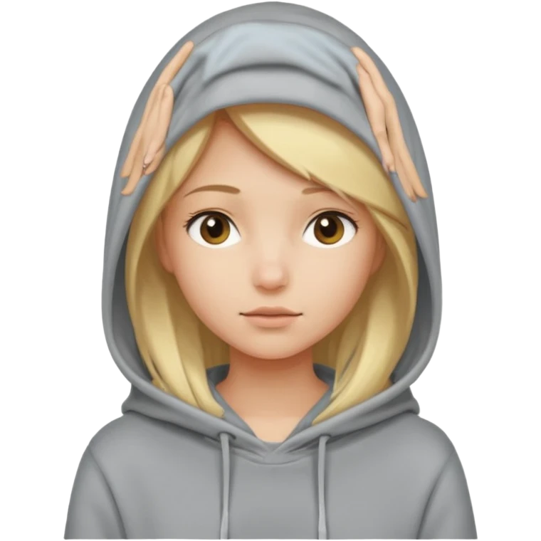 blonde girl with her head covered in a sweatshirt and hood emoji