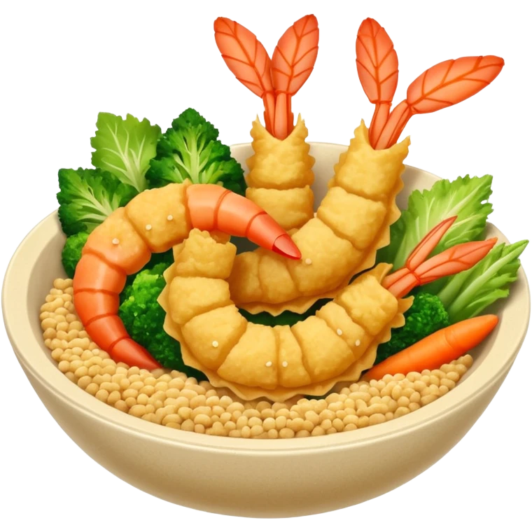 tempura shrimp and vegetables arranged in a bowl, golden batter, vivid textures emoji