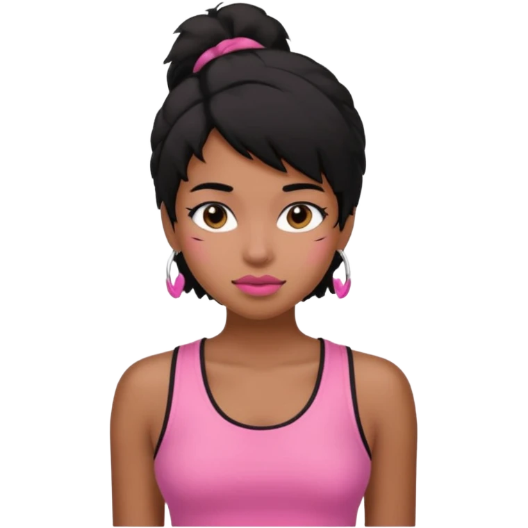 chica morena , corte de cabello negro y un poco despeinado, con una blusa de tirantes simple, rosa y coquette emoji