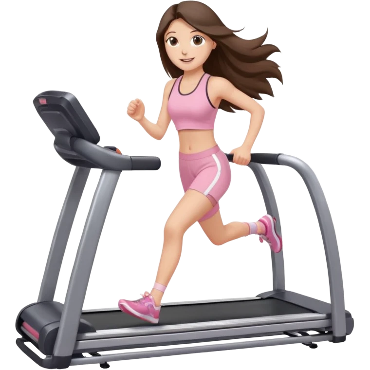 happy long haired brunette girl hazel eyes in light pink on treadmill  emoji