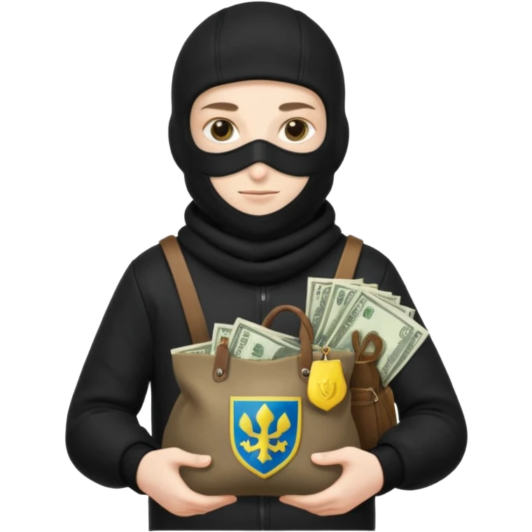 создай белого украинца в черное одежде и черной балаклаве с большим мешком денег с  гермоб страны на нем  emoji