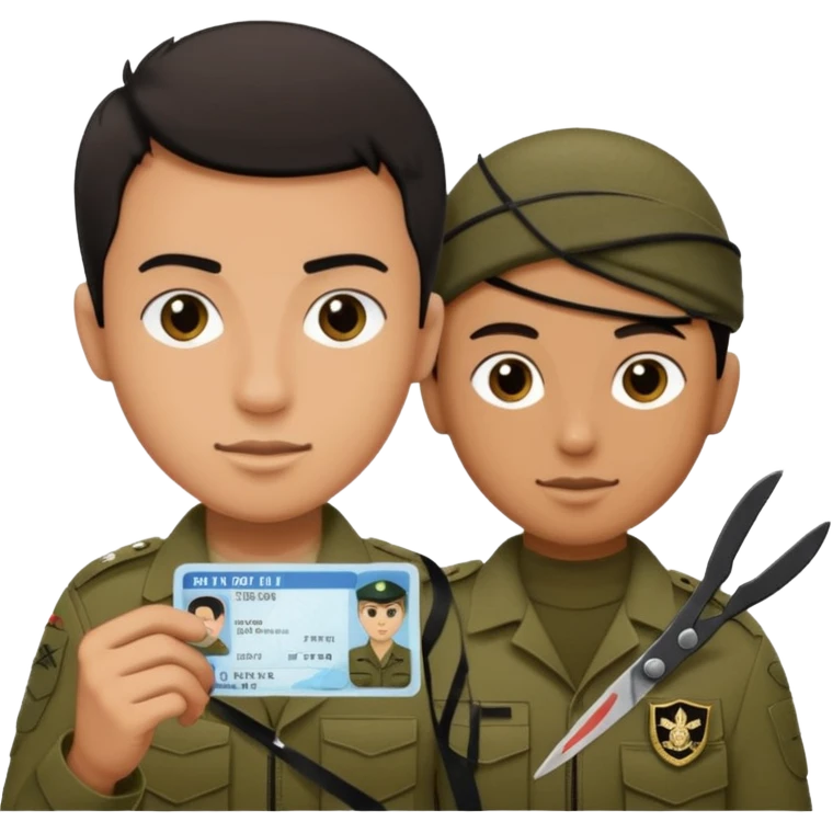 Floating black Scissors cutting in half an idf soldier ID card with a little chip in 2 parts .hyper realistic emoji