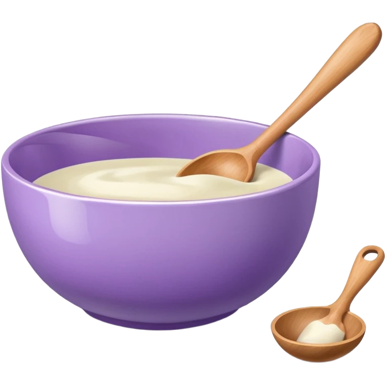 a lilac ceramic mixing bowl with a wooden spoon stirring emoji
