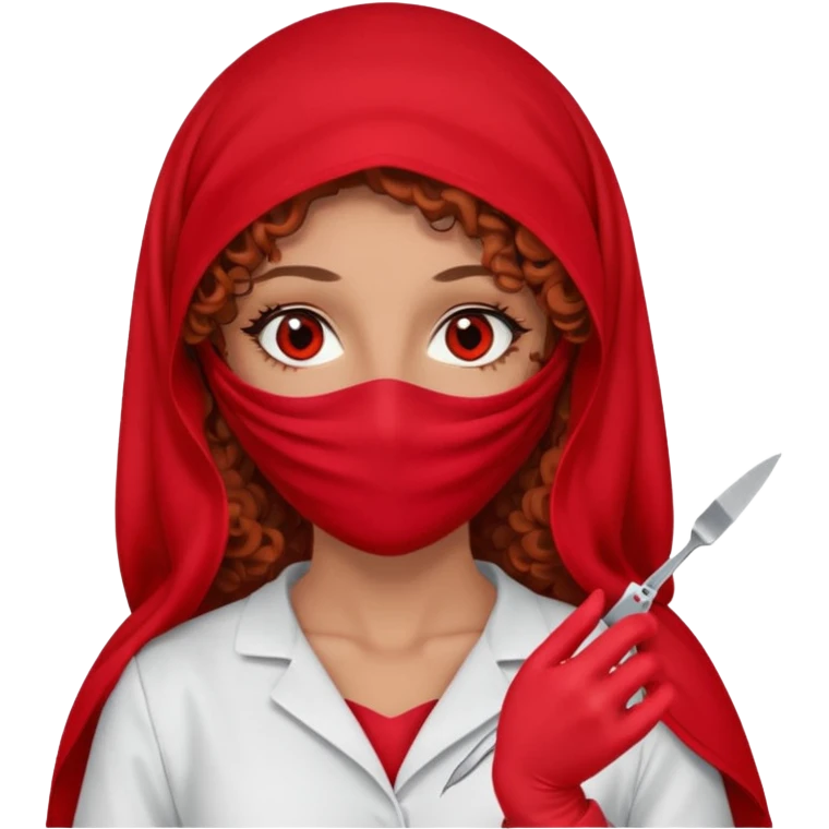 Lilith scalpel in hand, evil surgeon sexy surgeon clothes.  She has red eyes. She brown long curly hair. Wears sexy doctor outfit with red gloves. Covers mouth neck and nose with red burka to hide her identity emoji