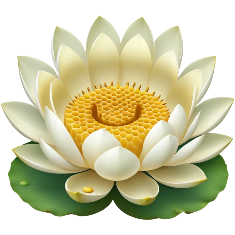 White lotus flower with botanically accurate yellow seedpod center showing honeycomb-like pattern of seed chambers, surrounded by white petals and accurate notched lotus leaf emoji