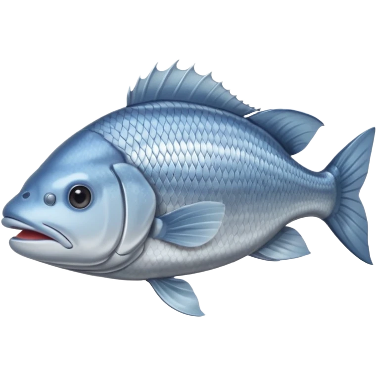 whole raw sea bass, silvery metallic skin, light grey-blue top, pale underbelly, fresh, glossy, natural scales, closed mouth, clear eyes, visible fins and tail, relaxed, soft lighting, subtle shadows, no plate, no background, no faces, transparent background, emoji scale emoji